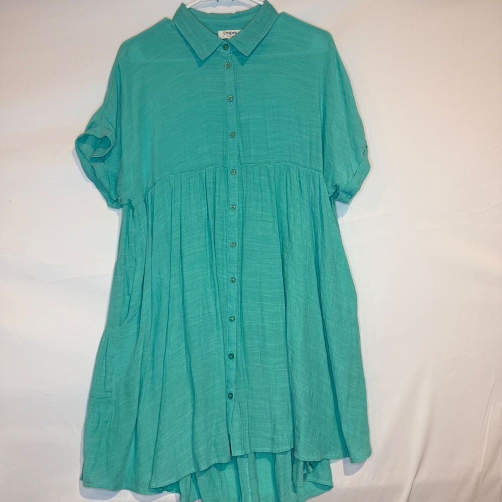 Umgee USA Aqua Turquoise Textured Gauze Short Sleeve Tiered Babydoll Dress S